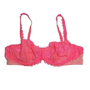 Victoria's Secret Unlined Demi Neon Pink Sheer Lace Polka Dot Underwire Bra 38C